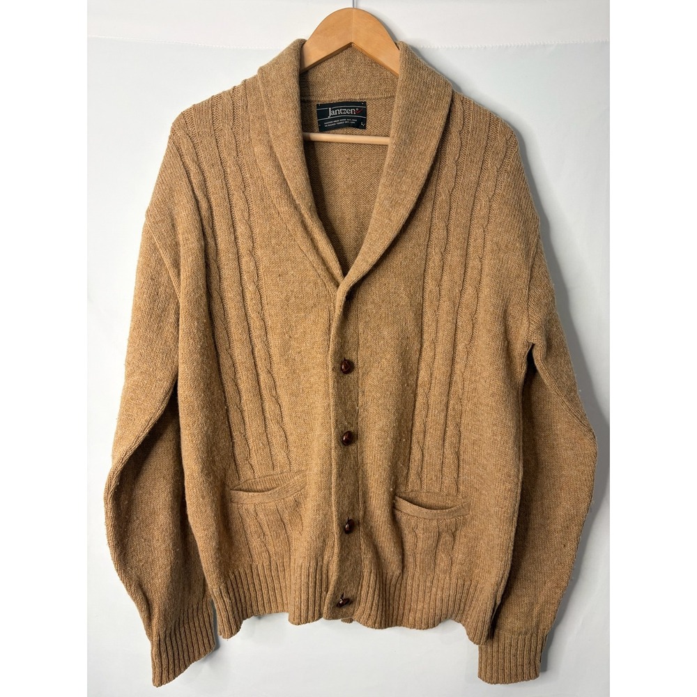 VTG Jantzen Shawl Collar Cable Knit Wool Cardigan Sweater L Camel Old Money Y2K